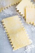 Fresh egg pasta shapes on a floured marble surface