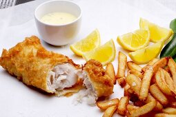 Battered hake with a dip and chips