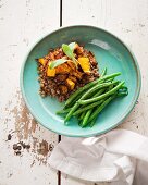 Lentil salad with baked butternut squash and green beans