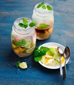 Home-made lemonade with fruit, ice cubes and lemon balm