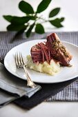 Beef breast on a bed of garlic purée