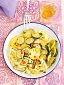 Tagliatelle with courgettes and chilli rings