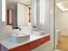 Details of washbasins below mirror in contemporary bathroom; Scottsdale; USA