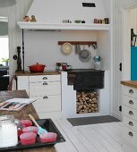 Masonry, country-house kitchen counter below mantel hood