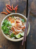 Pho soup with bean sprouts and shrimps