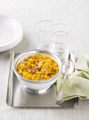 Sweetcorn and pumpkin purée with walnuts