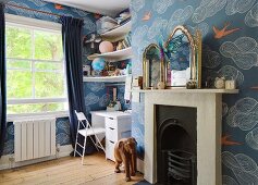 Detail of bedroom and fireplace, Ruddy House, London, UK