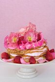 A pancake cake with strawberries and mascarpone