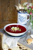 Beetroot soup with sheep's cheese gremolata