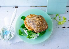 A fitness burger with turkey breast, herb quark and lamb's lettuce