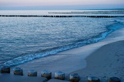 Breakwaters on the beach at Ahrenshoop on the Baltic Sea by dusk