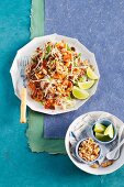 Oriental noodles with prawns, tofu, bean sprouts and peanuts