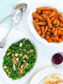 Vegetable side dishes for Easter: peas and beans with flaked almonds, and glazed baby carrots