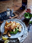 Fish and chips on pea and mint puree