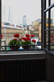 Open window with view of cityscape and potted red geraniums on windowsill