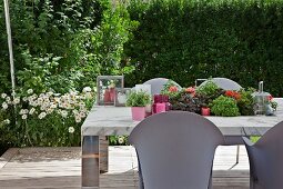Hellgraue Outdoor Stühle um Tisch mit eingelassenem Blumenbehälter, im Hintergrund blühende Margeriten im Garten