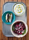 Griechische Mezze: Fisch, Joghurt, Rote-Bete-Salat