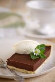 A slice of chocolate tart with yoghurt ice cream and mint