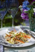 Salad with sesame tofu, asparagus, bean sprouts and chicory