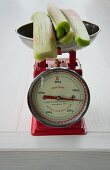 Rhubarb on an old pair of kitchen scales