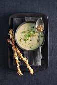Cheese and mustard soup with spring onions and breadsticks