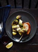 Pork chops, Brussels sprouts and potatoes with mustard and cider butter