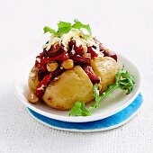 Baked potato with chorizo and haloumi