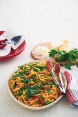 Spaghetti with green beans, bacon and chilli