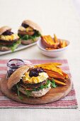 Cheese stuffed mushroom burger, sweet potato sticks and relish