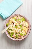 Tagliatelle with broad beans, ham and camembert