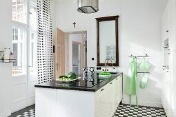 Modern kitchen in black and white colour scheme and pastel green accents