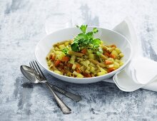 Stew with root vegetables, poultry mince, and pasta