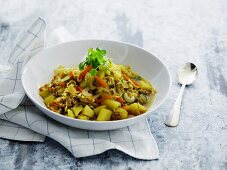 Vegetable stew with pork mince and pasta in a soup bowl