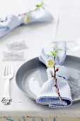 Napkin and willow sprig arranged on place setting