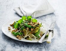 Rice noodles with green vegetables and meat