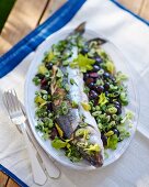 Sea bass on a celery and onion salad with black olives