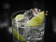 Ein Glas Gin Tonic mit Eiswürfeln, Limetten und Blütendeko