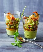 Spicy prawns with avocado cream, chilli, coriander and fresh cucumber