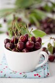 A cup of cherries with stems