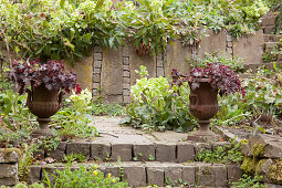 Gartenpflanzen in Amphoren vor Steinmauer