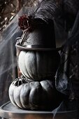 Black pumpkins with a hat and a spider