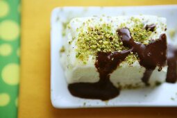 An ice cream cake with pistachios and chocolate and coffee sauce