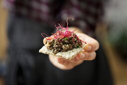A person holding a cracker with a vegan mushroom spread