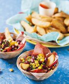 Potato wedges with a kidney bean and sweetcorn salsa
