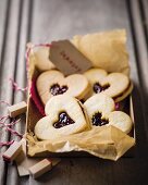 Jam sandwich biscuits in a cardboard box as a gift