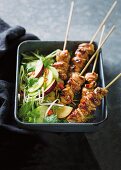 Sate skewers with a cucumber and plum salad
