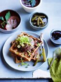Overnight rye waffles with pate, port jelly and cornichons