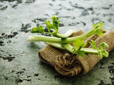 Celery sticks on a hessian sack
