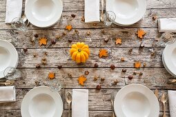 Herbstlich gedeckter Tisch mit Kürbis, Kastanien und Eicheln