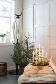 Animal-skin rug on bench, candles on tray of moss, small Christmas tree and fitted cupboards in background